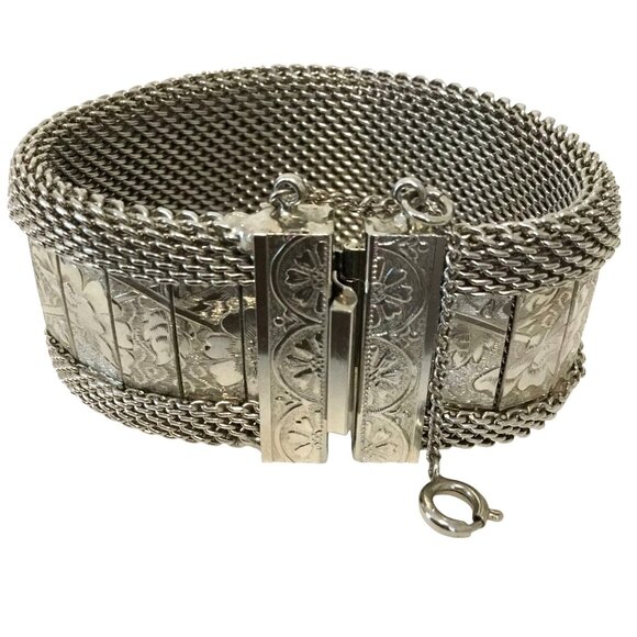 HOBE VTG Signed Wide Floral Etched Mesh Bracelet Silver Tone Statement Art Deco - Picture 2 of 11